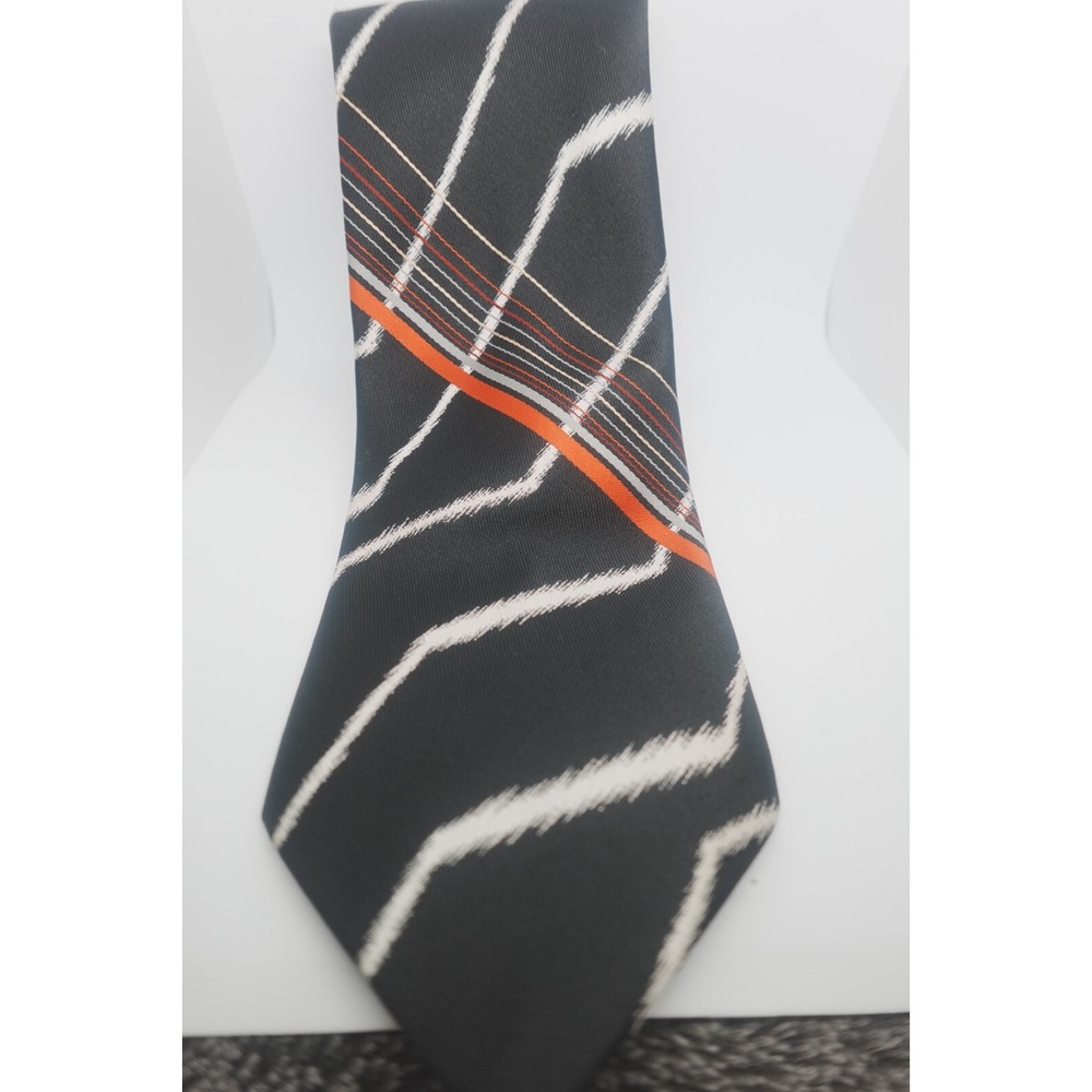 Vintage El Caballero Tie Black White Red Striped Art Deco Polyester‎